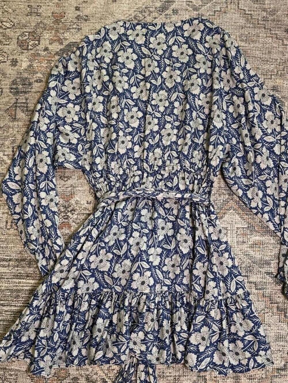 Outerknown Lulu Floral Dress Women Size M Blue Silk Blend Ruffle Festival Boho - Picture 6 of 8
